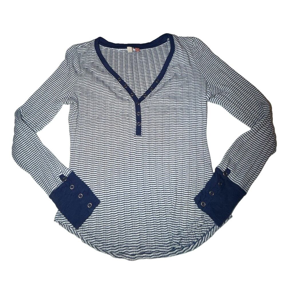 Anthropologie Pilcro Women’s Blue Striped Henley Top Shirt 100% Cotton Medium